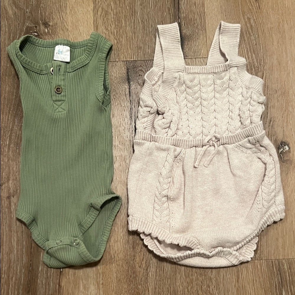Green Ribbed Onesie little one shop and Cream Knit Romper cat & jack 12 month